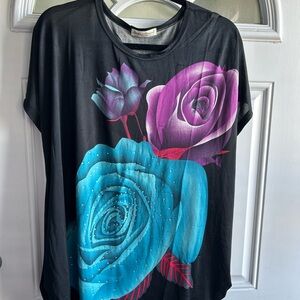 Private Label Black Short-Sleeve Tee with Turquoise & Purple Rose Print